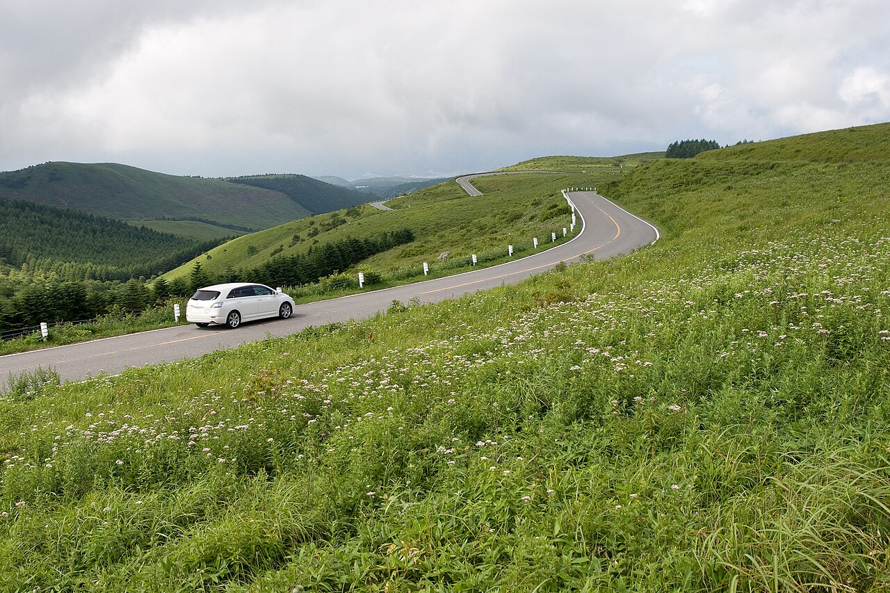 車山高原の草原と曲がりくねる道（過去の夏の写真）